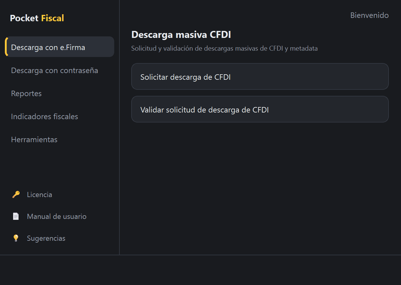 Menú «Descarga con e.Firma» en Pocket Fiscal
