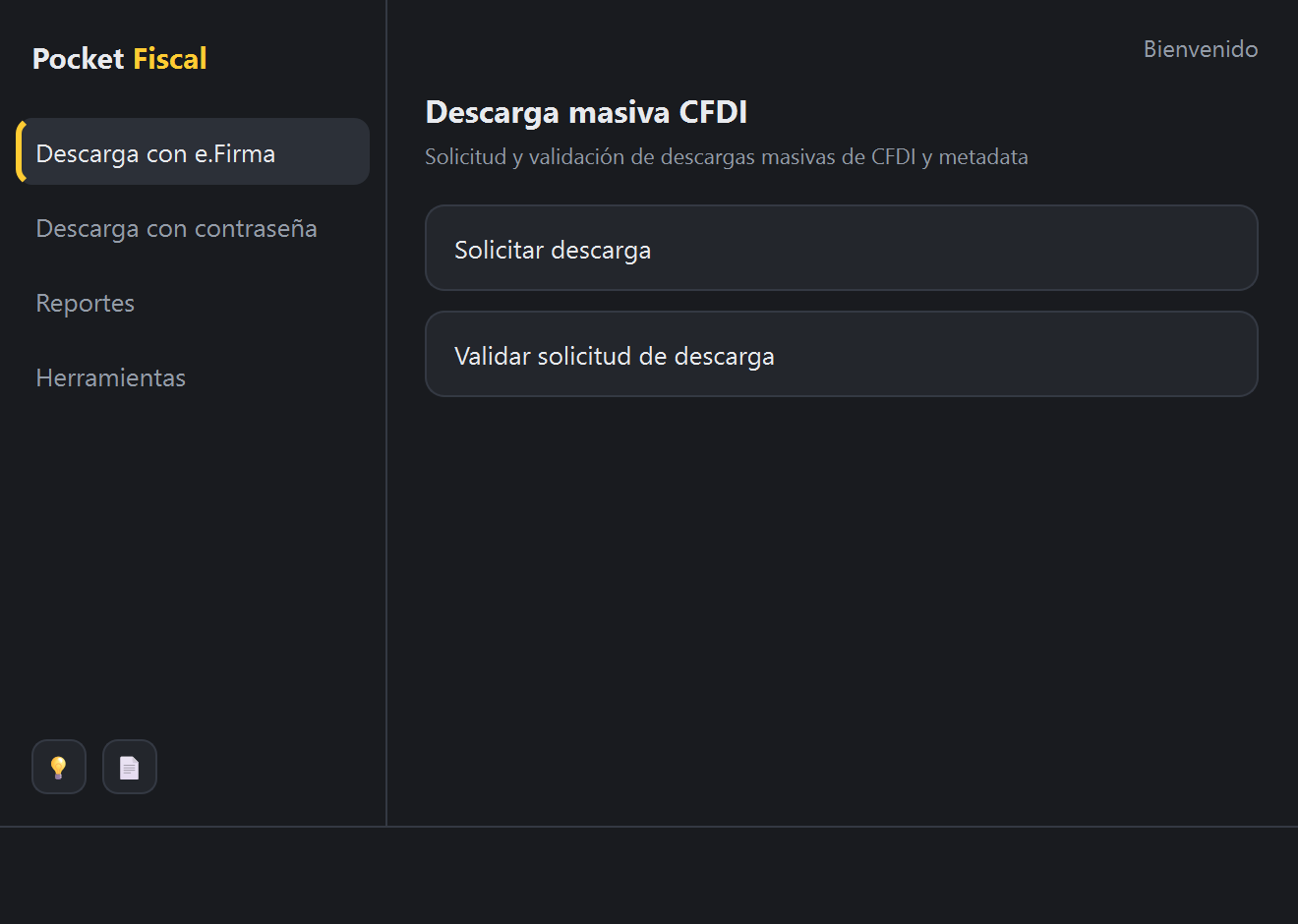Menú principal de Pocket Fiscal mostrando la sección Descarga con e.Firma