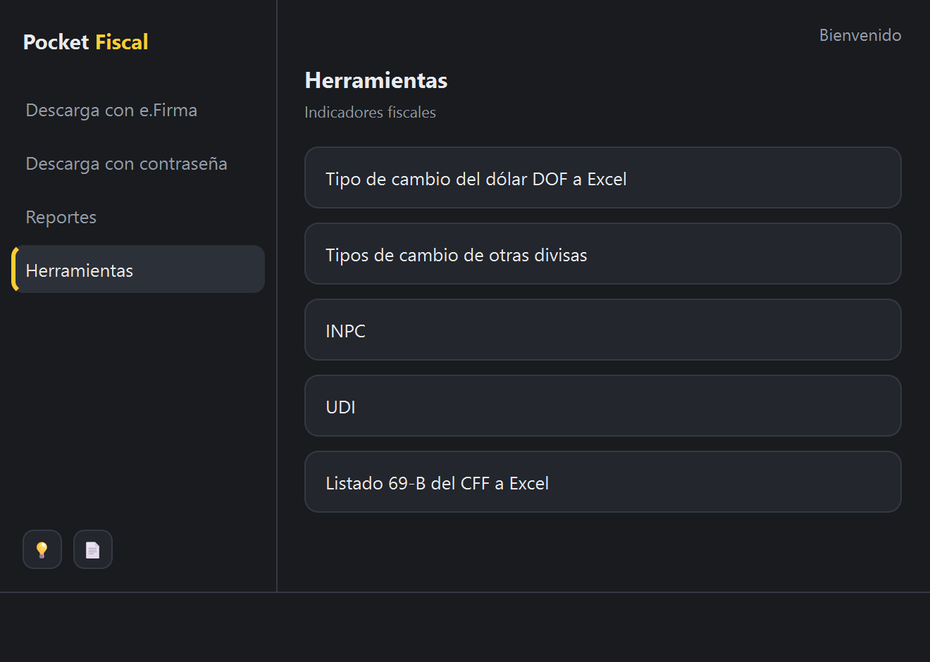 Sección de herramientas con los indicadores fiscales de Pocket Fiscal